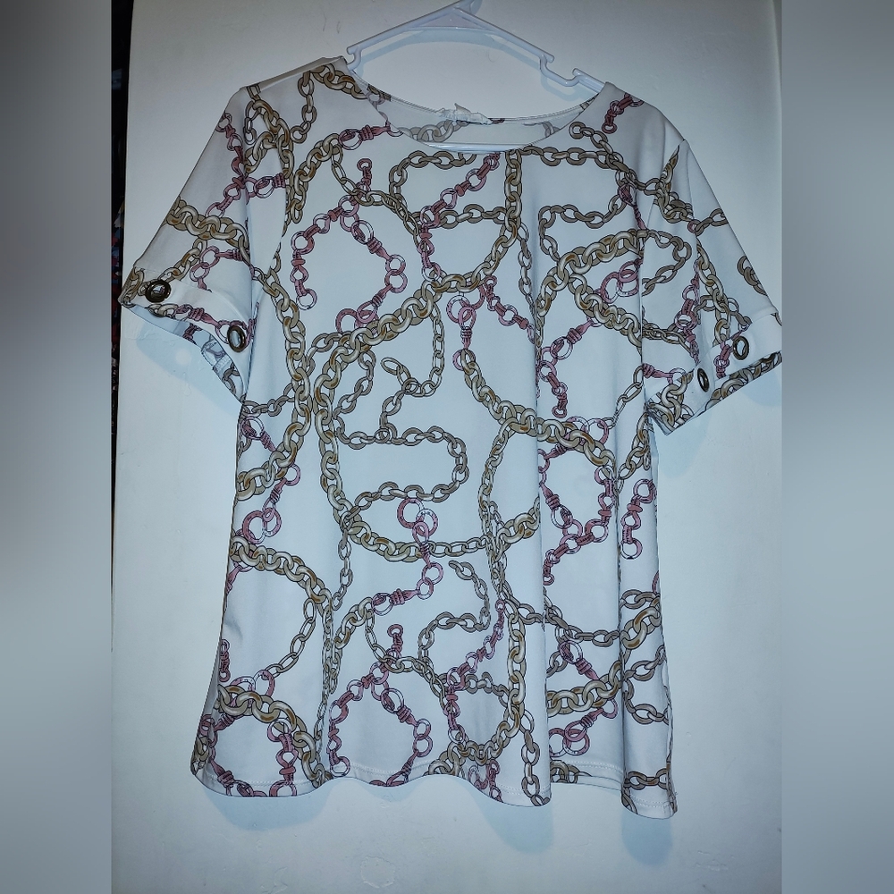 PerSeption Concept Chain Print Short Sleeve Top - White and Gold